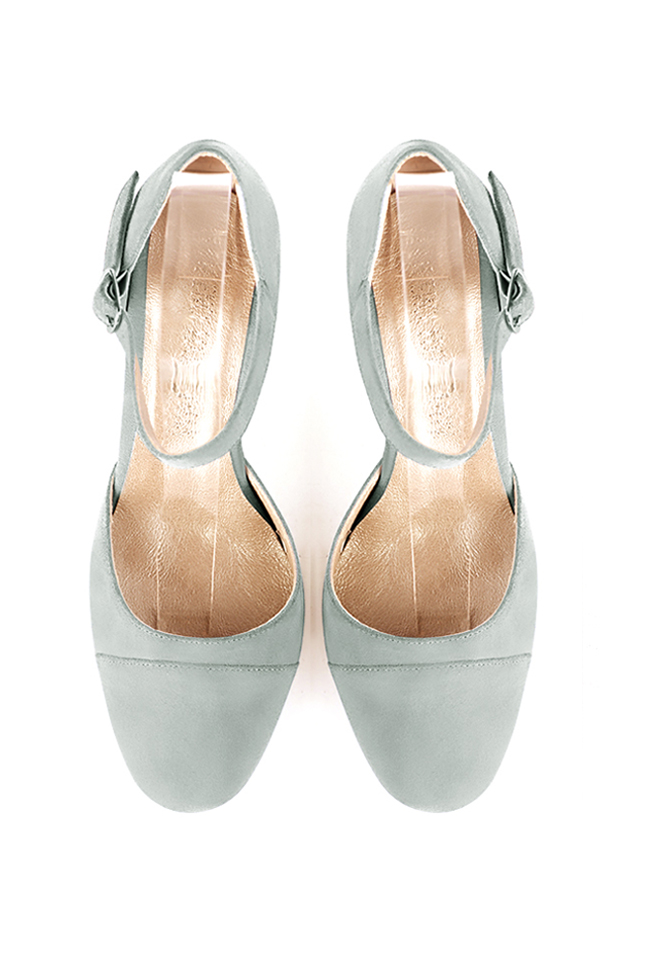 Women's aquamarine blue elegant closed-back heels, with an instep strap. Round toe. High block heels - Top view